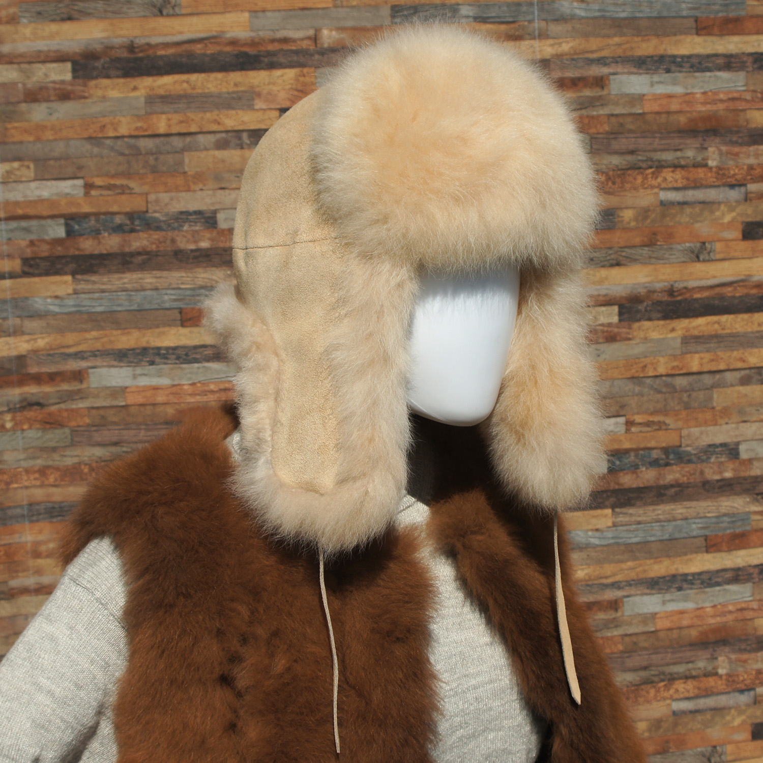 Premium Fell-Fliegermütze/fur aviator hat FLY, Farbe/colour: beige, Größe/size: M